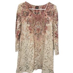 Cal Style Tunic DRESS Lace Paisley Ivory Lined Bling Y2K Boho Romantic Fairy MED